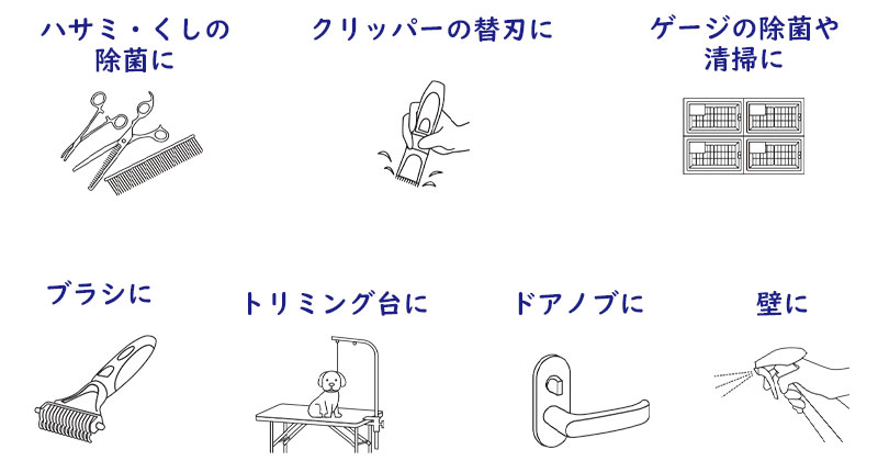 ハサミ・くしの除菌に クリッパーの替刃に ゲージの除菌や清掃に ブラシに トリミング台に ドアノブに 壁に