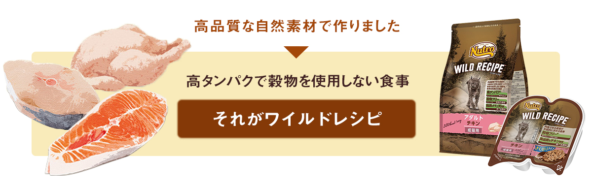 肉食である愛猫が本能的に求める高たんぱくで穀物を使用しない食事、それがワイルドレシピ